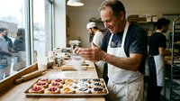 Middle-aged Caucasian male baker in apron decorating pastries in professional bakery kitchen with natural lighting and busy staff background.