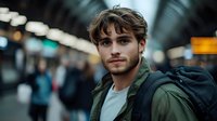 Young Caucasian male with brown curly hair and beard wearing casual green jacket and backpack at subway station platform with blurred commuters and urban background.