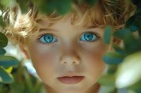 Young blonde child with bright blue eyes and curly hair outdoors in natural sunlight among green foliage for family photography and childhood concepts.