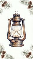 Vintage brass oil lantern with evergreen branches and pinecones in corners, suitable for holiday, rustic, and seasonal design projects.
