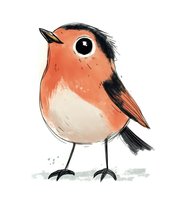Cute orange and black robin bird drawn in watercolor style with expressive big eye on white background, ready for children book illustration and design projects.