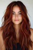 Young woman with flowing auburn hair and natural makeup smiling warmly at camera. Freckled complexion and green eyes create fresh, authentic beauty portrait.