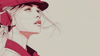 Young woman in red cap with flowing hair looking upward in minimalist artistic style for fashion and lifestyle designs.
