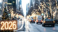 Urban street decorated with festive lights and illuminated 2026 sign, creating magical holiday atmosphere in city center at dusk.