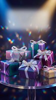 Colorful wrapped gift boxes with silver ribbons and bows arranged on glass table with bokeh lights background for holidays and celebrations.