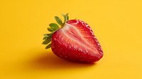 Fresh ripe strawberry half cut showing juicy red flesh and seeds on bright yellow background isolated for healthy food design and culinary projects.