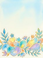 Watercolor floral border with colorful blooms and leaves in pastel blue, yellow, and purple tones on a soft cream background with copy space.