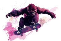 Athletic gorilla performing skateboard trick against pink watercolor splash background, dynamic action pose showing strength and agility in urban street style.