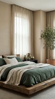 Modern minimalist bedroom interior with natural beige tones, green bedding, wooden platform bed, olive tree plant and flowing curtains for home design.