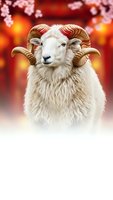 Ram with curved horns against spring cherry blossom background for seasonal greeting cards and agricultural marketing materials.