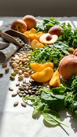 Fresh peaches, leafy greens, nuts and seeds arranged on rustic wooden tray for healthy eating and nutrition concept.