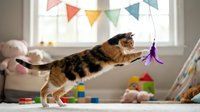 Tabby cat jumping and playing with hanging purple toy in bright nursery room with colorful bunting and toys, playful pet activity for children's spaces.