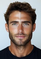 Portrait of a young Caucasian male model with beard, green eyes and wavy brown hair wearing black t-shirt against light background, split face comparison.