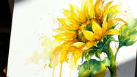 Watercolor sunflower painting with vibrant yellow petals and green leaves, featuring loose brushstrokes and paint splashes on white paper.