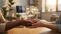 Business partnership handshake with glowing light bulb symbolizing innovation, collaboration and creative ideas in modern office environment.