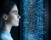 Young Asian woman in profile view examining digital data visualization with glowing blue code matrix display in dark environment. Technology concept for AI and big data.