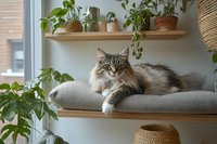 Fluffy Maine Coon cat relaxing on window seat cushion surrounded by houseplants in cozy modern home interior with natural light and boho decor elements.