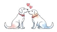 Two adorable white puppies sitting together with red hearts floating above, wearing matching red bow ties on transparent background for design use.