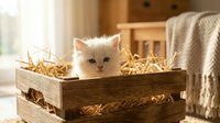 Adorable white fluffy kitten with blue eyes sitting in rustic wooden crate filled with straw in cozy home interior for pet adoption campaigns.