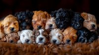 Adorable sleepy puppies in brown and black colors lying together in cozy blanket, group of newborn dogs resting with closed eyes, pet photography.