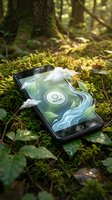 Smartphone displaying eco-friendly app interface with nature elements resting on moss-covered forest floor surrounded by green foliage and natural lighting.