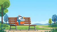 Cartoon character with orange backpack sitting on wooden park bench in green landscape with trees and mountains, suitable for children's books, educational materials, and travel illustrations.