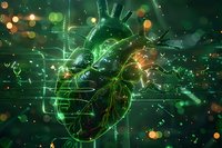 Digital visualization of human heart with glowing green elements and neural connections on dark background with bokeh effects, perfect for medical presentations.