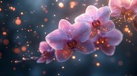 Glowing orchid flowers with sparkling particles and bokeh lights on dark background, suitable for luxury wellness and spa designs.