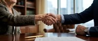 Professional business handshake between mature woman and man in formal office setting with bookshelf background, symbolizing partnership agreement.