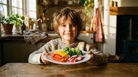 Happy young boy with blonde hair enjoying healthy colorful meal at wooden kitchen table in cozy home setting with natural lighting and plants.