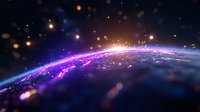 Glowing curved horizon of planet Earth with purple and blue light effects, bokeh particles, and cosmic atmosphere. Space exploration concept.