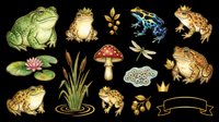 Frog and toad collection with lily pad, dragonfly, mushroom, and cattails isolated on transparent background. Ready for clipart, t-shirt design, stickers, print-on-demand, and sublimation projects.