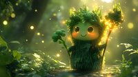 Magical forest creature with glowing staff and leafy crown stands in misty woodland setting amid sparkling lights and green foliage, creating enchanted atmosphere.