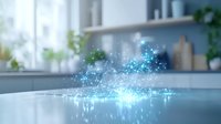 Magical glowing blue particles and light effects on white kitchen counter surface with blurred modern interior background, sparkles and bokeh effect.