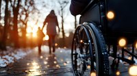 Silhouette of people walking in winter park at sunset with wheelchair in foreground, snow covered path and warm sunlight through trees creating atmospheric scene.