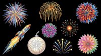 Colorful fireworks clipart set with rocket and bomb, isolated on transparent background, ready for T-shirts, stickers, print on demand, and sublimation designs.
