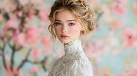 Young Caucasian woman in white lace dress with romantic updo hairstyle against soft pink cherry blossom background. Ethereal spring portrait with delicate pastel colors.