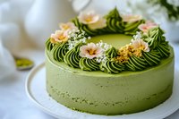 Green matcha cake with piped frosting rosettes and delicate pink flowers on white plate. Elegant dessert for celebrations, bakery display, or culinary photography.