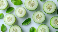 Fresh cucumber slices and green mint leaves arranged in pattern on light background, raw organic produce for healthy eating and skincare.
