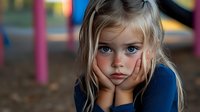 Young blonde girl with blue eyes and freckles resting head on hands with thoughtful expression at playground, wearing navy blue top, childhood portrait in natural light.