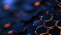 Dark hexagonal metallic grid structure with golden glowing edges against deep blue background, creating futuristic technological pattern for modern design concepts.