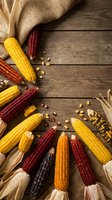 Colorful corn cobs in yellow, red, orange and purple varieties arranged on rustic wooden background with burlap sack for autumn harvest and thanksgiving themes.
