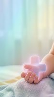 Closeup of child's hand holding glowing pink cross symbol on soft pastel blanket with blurred light background, representing faith, spirituality, hope and religious belief for wellness and healing concepts.