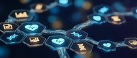 Healthcare technology network with medical icons connected by glowing hexagonal nodes representing digital health innovation and telemedicine connectivity.