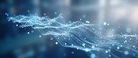 Abstract digital network with flowing data streams and glowing particles on blue background for technology and connectivity concepts.