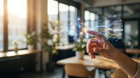 Person's hand touching digital network interface with glowing connections and data visualization in modern office workspace with natural light and plants.