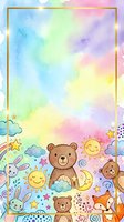 Watercolor nursery frame with cute bears, fox, bunnies, sun, moon and stars on rainbow pastel background with gold border for kids design.