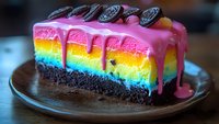 Rainbow layered cheesecake slice with pink dripping glaze and chocolate cookie decoration on dark plate, vibrant colors and creamy texture create appetizing dessert.