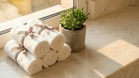 Rolled white towels tied with natural rope beside potted succulent plant on marble surface in bright bathroom interior for spa and wellness concepts.