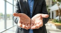 Professional businessman in dark suit extending open palms in welcoming gesture, representing support, offering help, and business partnership opportunities.